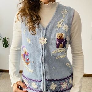 VINTAGE WHITE STAG Sledding Teddy Bears Sweater Vest